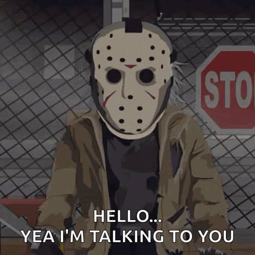 A Cartoon Of Jason Voorhees With A Stop Sign Behind Him GIF