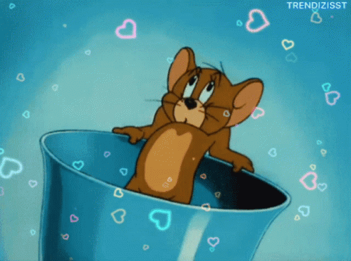 A Cartoon Of Jerry In A Blue Cup With Hearts Around Him GIF