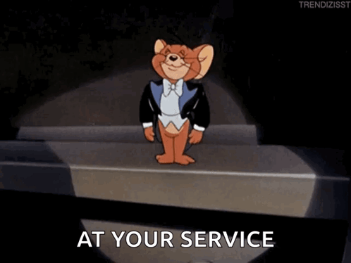 A Cartoon Of Jerry In A Tuxedo With The Words At Your Service Above Him GIF