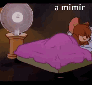 A Cartoon Of Jerry Sleeping On A Bed Next To A Fan And A Lamp . GIF