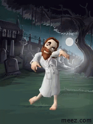 A Cartoon Of Jesus Dancing In A Cemetery With The Website Meez.com In The Corner GIF
