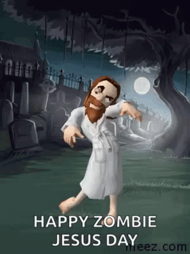 A Cartoon Of Jesus Dressed As A Zombie Is Dancing In A Cemetery At Night . GIF