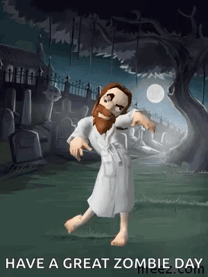 A Cartoon Of Jesus In A Robe Dancing In A Cemetery At Night . GIF