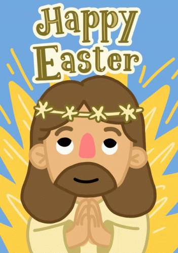 A Cartoon Of Jesus Praying With The Words Happy Easter Written Above Him GIF