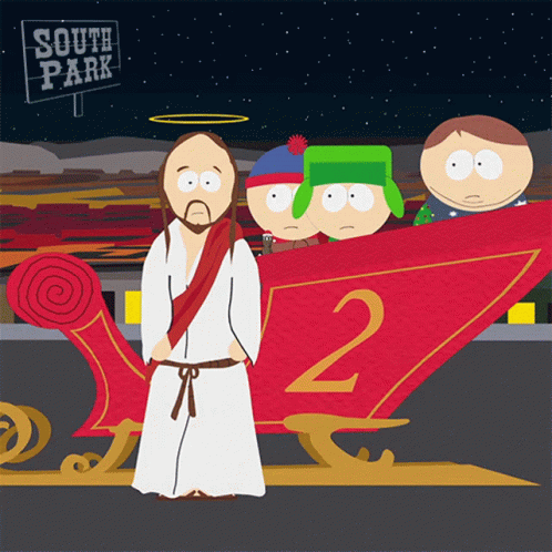A Cartoon Of Jesus Standing Next To A Sled With The Number 2 On It GIF