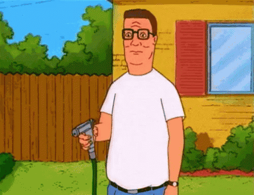 a cartoon of king of the hill holding a hose in his hand .