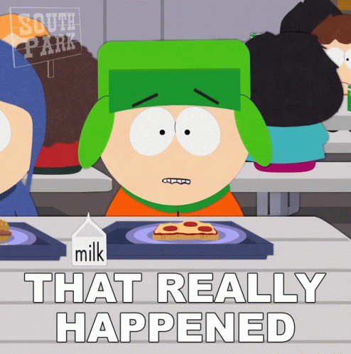 A Cartoon Of Kyle From South Park Sitting At A Table With A Box Of Milk GIF