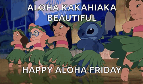 A Cartoon Of Lilo And Stitch Dancing With The Caption " Aloha Kakahiaka Beautiful " GIF