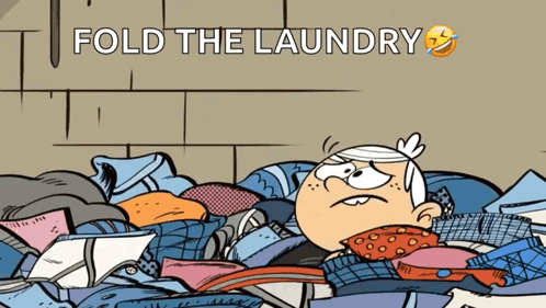 A Cartoon Of Lincoln Loud Laying On A Pile Of Clothes With The Words Fold The Laundry Above Him GIF
