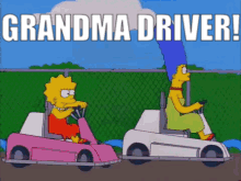 A Cartoon Of Lisa Simpson And Marge Simpson Driving Golf Carts With The Words Grandma Driver Above Them GIF