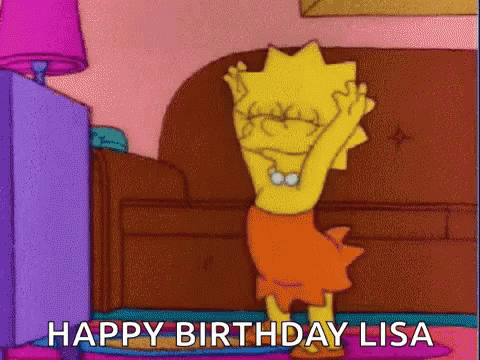 A Cartoon Of Lisa Simpson Dancing In A Living Room With The Words `` Happy Birthday Lisa '' Written Below Her . GIF