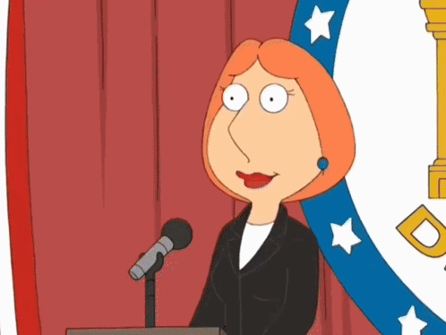 A Cartoon Of Lois Griffin Giving A Speech In Front Of A Microphone GIF