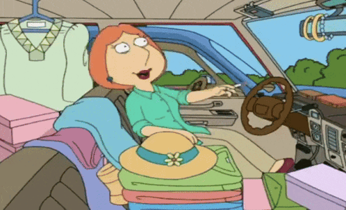 A Cartoon Of Lois Griffin Sitting In A Car Full Of Clothes GIF
