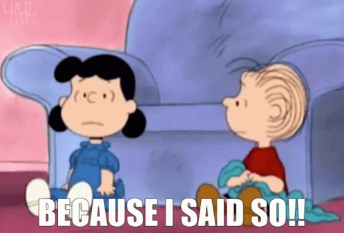 A Cartoon Of Lucy And Linus Sitting On A Couch With The Caption " Because I Said So " GIF