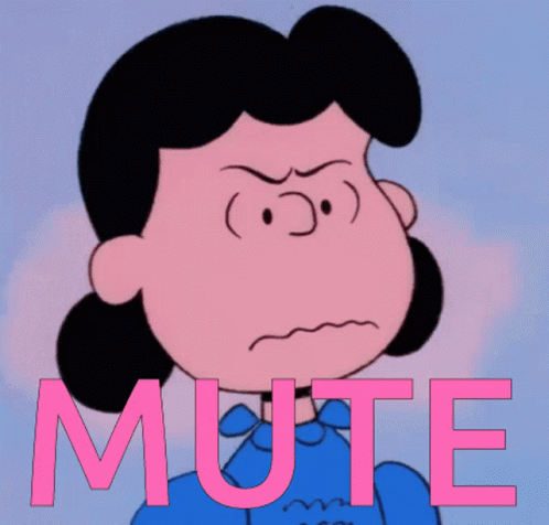 A Cartoon Of Lucy Brown With The Word Mute In Pink GIF