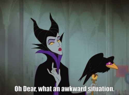 A Cartoon Of Maleficent Holding A Black Bird With The Caption Oh Dear What An Awkward Situation GIF