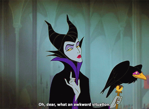 A Cartoon Of Maleficent Holding A Crow And Saying Oh Dear What An Awkward Situation GIF