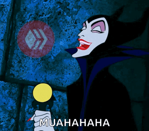 A Cartoon Of Maleficent Holding A Microphone With Muahaha Written Below It GIF