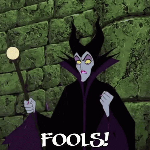 A Cartoon Of Maleficent Holding A Wand With The Words Fools Written On The Bottom GIF