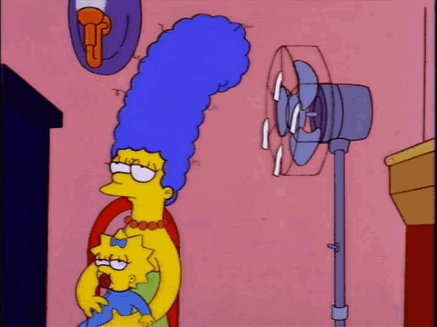a cartoon of marge simpson and maggie simpson in front of a fan