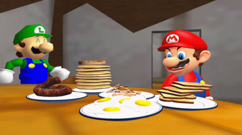 A Cartoon Of Mario And Luigi Eating Pancakes GIF