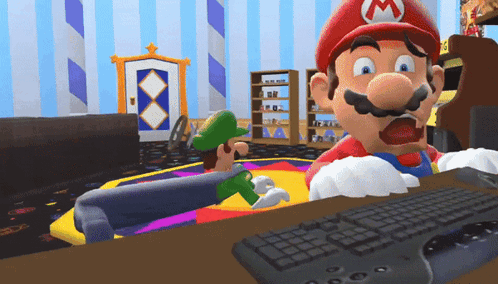 A Cartoon Of Mario And Luigi In A Room With A Keyboard GIF