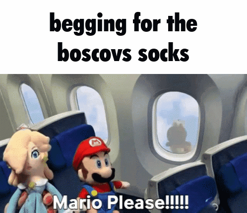 A Cartoon Of Mario And Rosalina On An Airplane With The Caption Begging For Boscovs Socks GIF