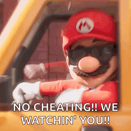 A Cartoon Of Mario Driving A Yellow Truck With The Words No Cheating ! We Watchin ' You ! GIF
