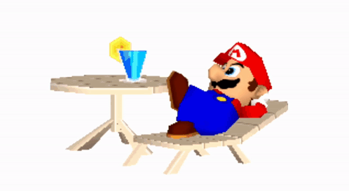 A Cartoon Of Mario Laying On A Chair Next To A Table With A Drink In It GIF