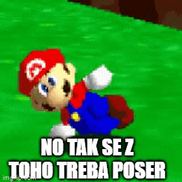 A Cartoon Of Mario Running On A Grassy Field With The Words `` No Tak Se Z Toho Treba Poser '' Below Him . GIF