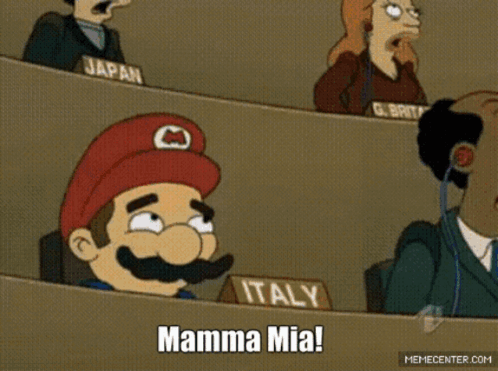 A Cartoon Of Mario Says Mamma Mia In Front Of A Sign That Says Italy GIF