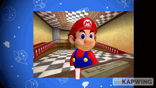 A Cartoon Of Mario Sitting At A Desk In A Room GIF