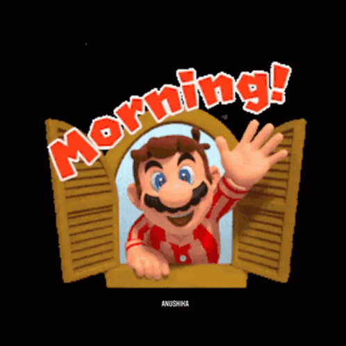 A Cartoon Of Mario Waving From An Open Window With The Words Morning Written Above Him GIF