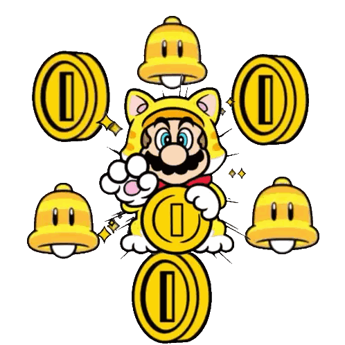 a cartoon of mario wearing a cat costume surrounded by yellow coins
