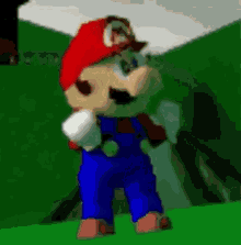 A Cartoon Of Mario Wearing Blue Overalls And A Red Hat Is Standing In A Field . GIF