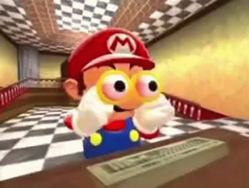 A Cartoon Of Mario Wearing Glasses And A Red Hat Is Sitting At A Table With A Checkered Floor . GIF