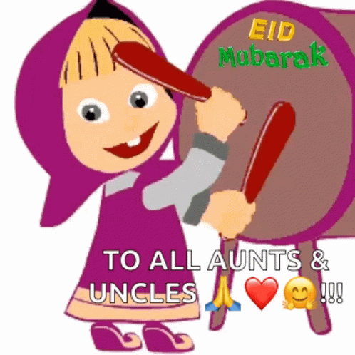 A Cartoon Of Masha Playing A Drum With The Words " To All Aunts & Uncles " GIF