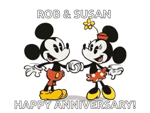 A Cartoon Of Mickey Mouse And Minnie Mouse Holding Hands And Kissing GIF