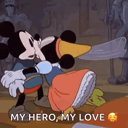 A Cartoon Of Mickey Mouse And Minnie Mouse Kissing With The Words `` My Hero , My Love '' . GIF