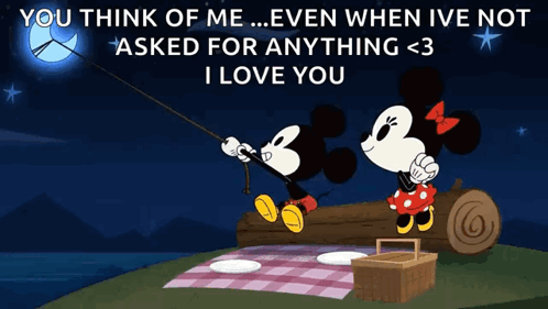A Cartoon Of Mickey Mouse And Minnie Mouse On A Log GIF