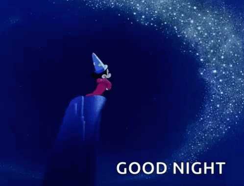 A Cartoon Of Mickey Mouse As A Wizard With The Words Good Night Below Him . GIF