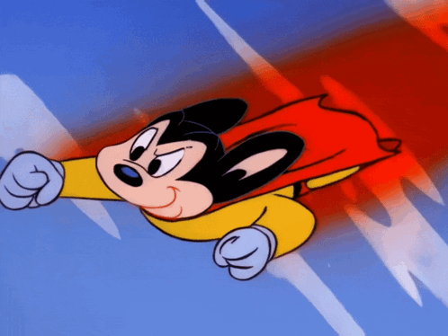 A Cartoon Of Mickey Mouse Flying Through The Air With A Red Cape GIF
