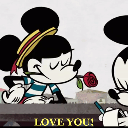 A Cartoon Of Mickey Mouse Holding A Red Rose With The Words Love You Below Him GIF