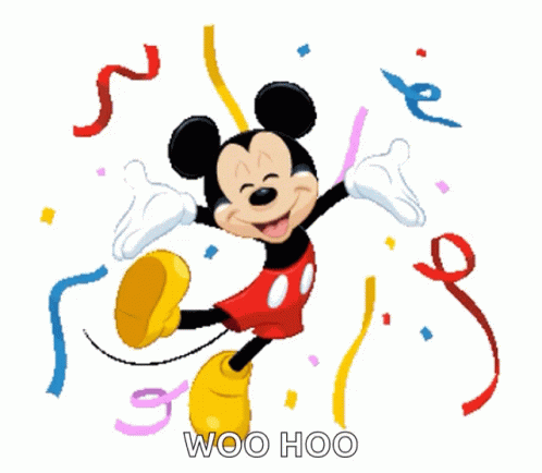 A Cartoon Of Mickey Mouse Is Surrounded By Confetti And The Words Woo Hoo GIF