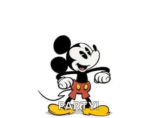 A Cartoon Of Mickey Mouse Jumping In The Air With His Fist In The Air And The Words Party . GIF