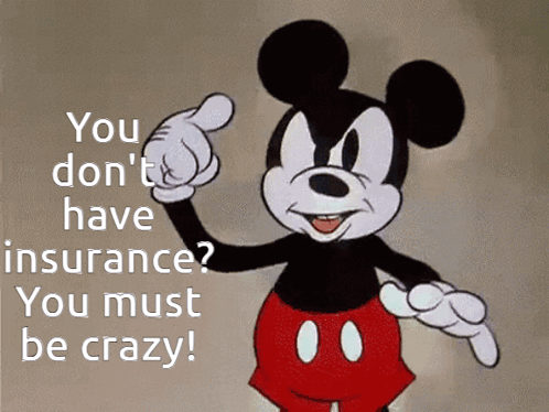 A Cartoon Of Mickey Mouse Pointing With The Words You Don T Have Insurance You Must Be Crazy GIF