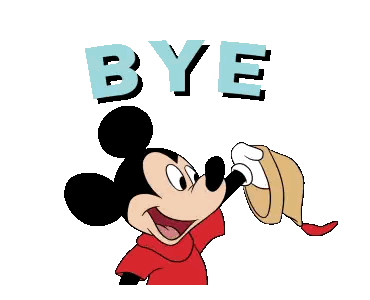 a cartoon of mickey mouse saying bye with a red bow