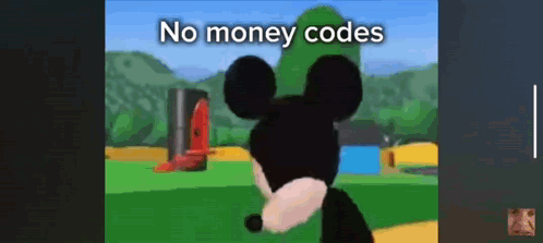 A Cartoon Of Mickey Mouse Standing In A Field With The Words `` No Money Codes '' Below Him . GIF