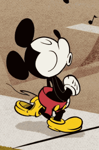A Cartoon Of Mickey Mouse Walking Down The Street GIF