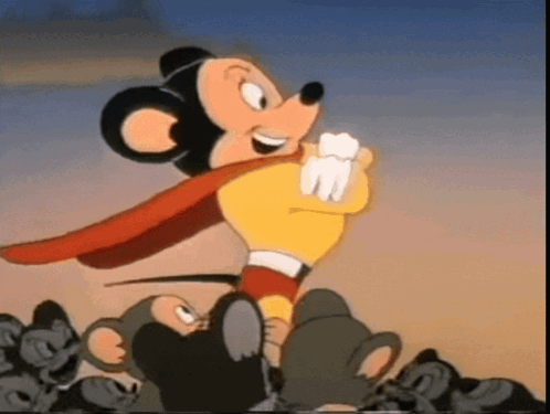 A Cartoon Of Mickey Mouse Wearing A Cape Surrounded By Mice GIF